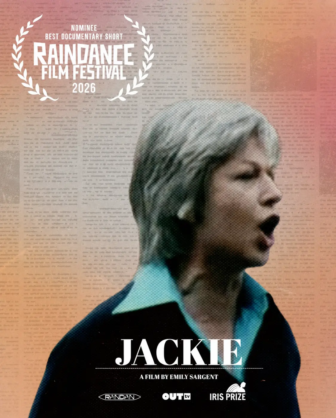 Poster for the documentary Jackie by Emily Sargent, showing Jackie Forster over a newsprint background.