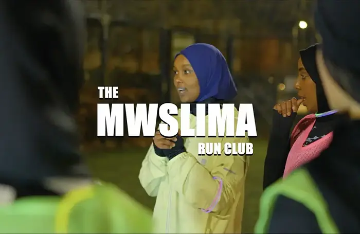 Thumbnail for the documentary The Mwslima Run Club, showing a runner in a blue hijab at dusk.