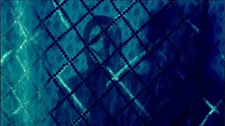 A figure silhouetted behind teal beaded lace fabric, in a still from the documentary They Call Us.