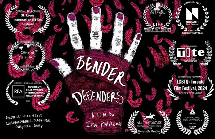 Poster for the documentary Bender Defenders by Ira Putilova, featuring an illustrated bandaged boxing hand surrounded by festival laurels.