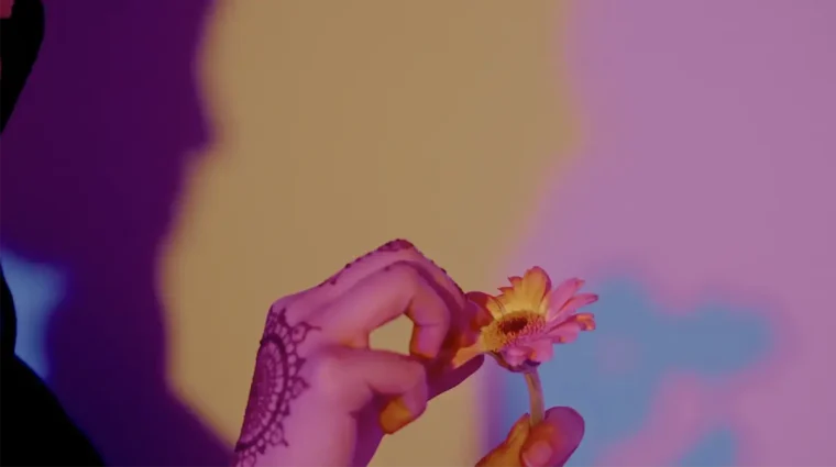 A veiled figure behind ornate jewel-toned fabric, in a still from the documentary They Call Us.
