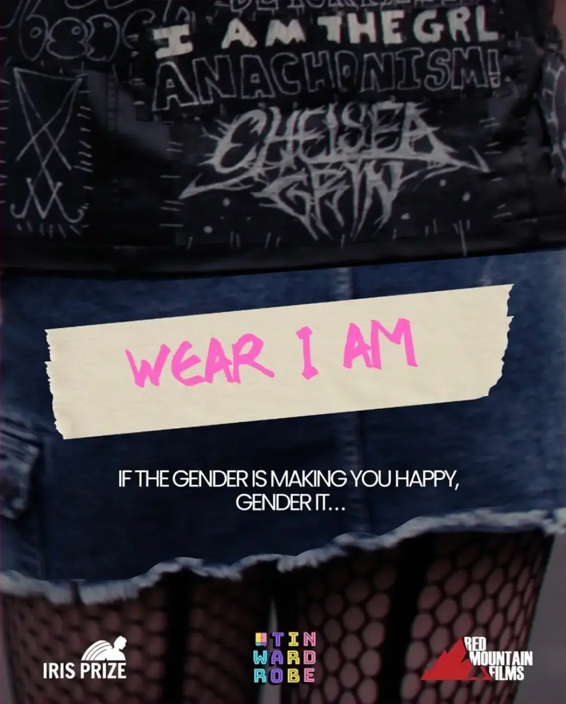 Poster for the documentary Wear I Am, showing a punk outfit with a band tee, denim skirt and fishnets.